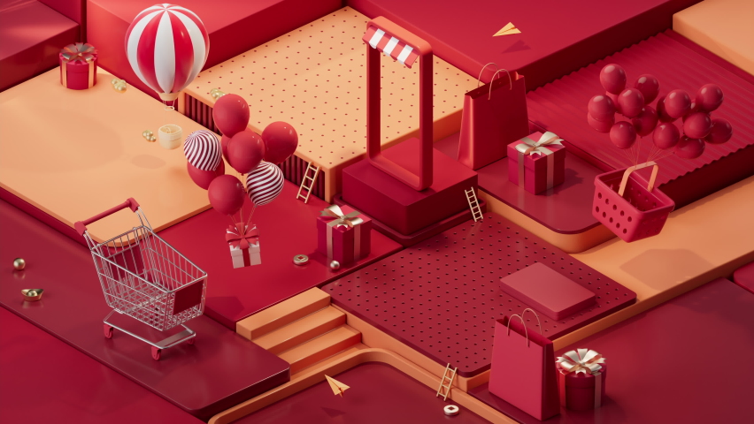 Loop animation of shopping day activity with cube platform background, 3d rendering.