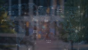 Animation of world map with data processing and network of connections over cityscape. Global business, computing and digital interface concept digitally generated video. - Powered by Shutterstock - Get 15% off with code: PIKWIZARD15