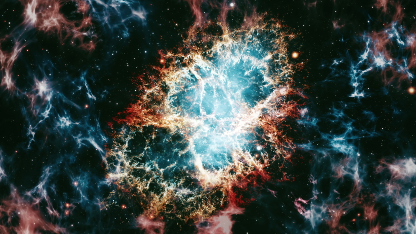 Crab nebula NGC 1952 space nebula travel exploration on deep space. Flight Into the Crab Nebula Pulsar supernova galaxy animation. Traveling through star fields and galaxies space.  Royalty-Free Stock Footage #1092495361