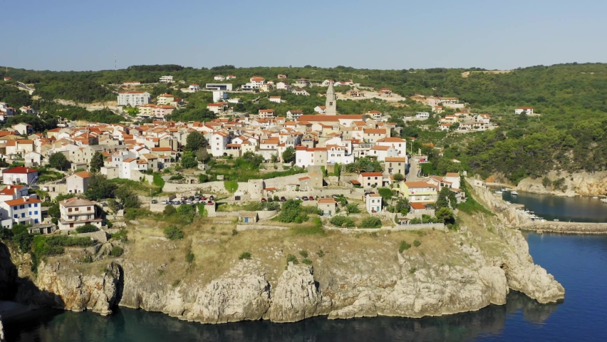 Aerial view of Vrbnik town on Krk island, Adriatic Sea in Croatia