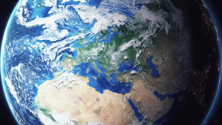 Earth zoom in from space and focus on Kaposvar, Hungary. The animation continues by zoom out through clouds and atmosphere into space. Background for travel intro.