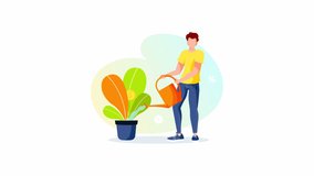 Growing plant in a pot with coins. Man watering the money plant. Profit, income,  financial success, money making, investment  concept. Animation video.