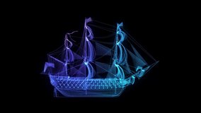 Vintage ship, boat from glow particle. Polygonal wireframe 3d mesh Glow. Footage for design video.
