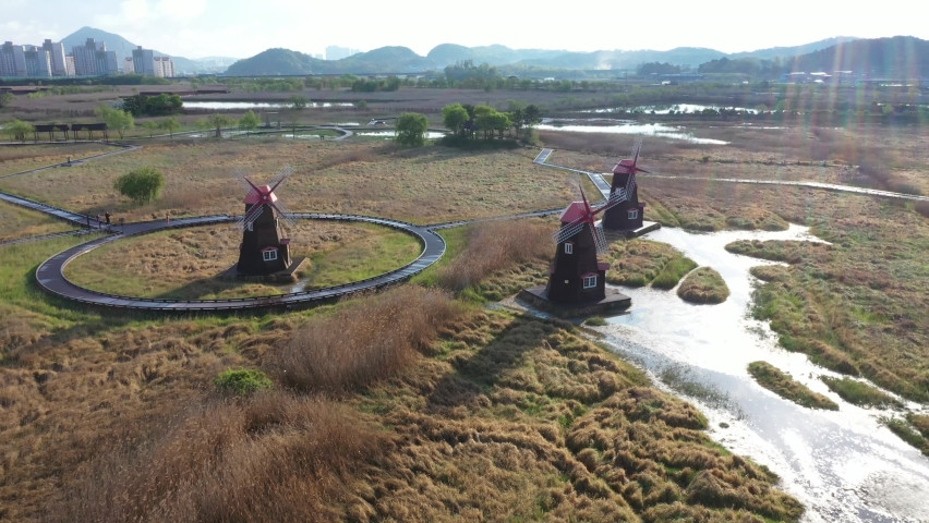 aerial view Windmill at sunrise in Incheon, Seoul, South Korea