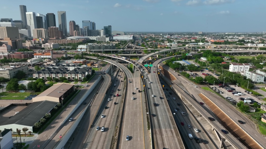 Downtown Houston interstate traffic. Aerial drone view. Royalty-Free Stock Footage #1092519489