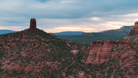 Dramatic Sky Against Sandstone Butte Of Cathedral Rock At Sedona In Central Arizona. Aerial Wide Shot