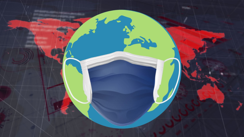 Animation of globe with face mask over world map. Global pandemic and digital interface concept digitally generated video. - Powered by Shutterstock - Get 15% off with code: PIKWIZARD15