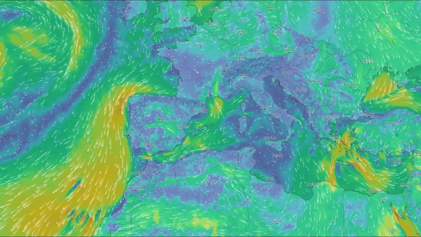 Map of the direction of wind currents. England and Europe. Color infographic. The movement of the winds. Warm and cold zones. Atlantic Ocean. Coastline. Weather forecast. Formation of storms and hurri Royalty-Free Stock Footage #1092526049