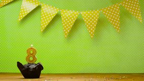 Happy birthday background with number 8, with beautiful decorations copy space. Beautiful background with cake and candles burning with and without confetti two options