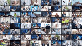 Multi screen business collage made of many different footages with business people working in office or outdoor. Technology, investment and teamwork concept. - Powered by Shutterstock - Get 15% off with code: PIKWIZARD15