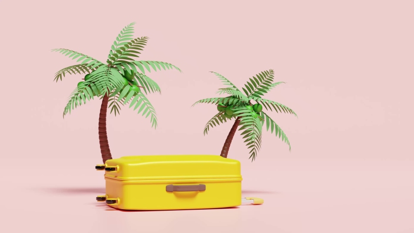 3d animation, yellow open suitcase empty with palm tree isolated on blue background. summer travel concept, 3d render illustration Royalty-Free Stock Footage #1092534377