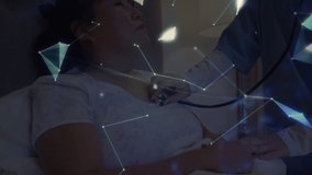 Animation of network of connections with icons over asian female doctor with patient and stethoscope. Global medicine and digital interface concept digitally generated video.