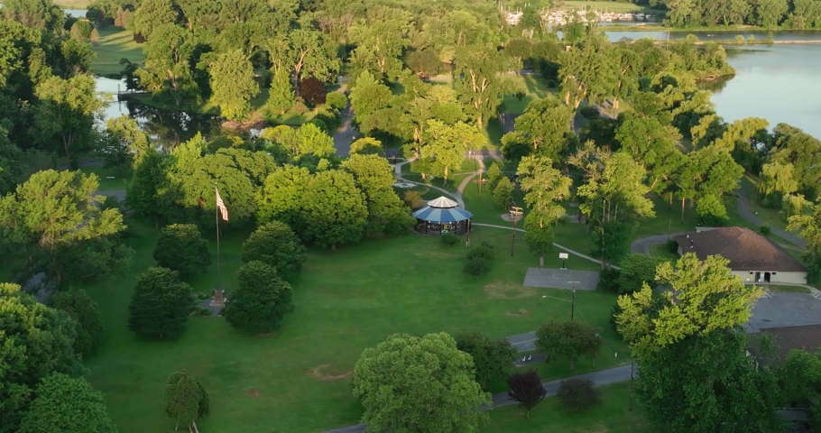 Ithaca NY USA June 26, 2022:  Early morning drone aerial flight over the south end of Cayuga Lake, near Ithaca New York, with views south of Stewart Park.
