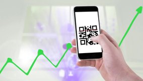 Animation of data processing over hand with smartphone and qr code. Global business and digital interface concept digitally generated video. - Powered by Shutterstock - Get 15% off with code: PIKWIZARD15