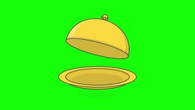 Trays With Cloche On Green Screen Background. 3D Golden Restaurant Cloche Animation