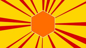 Hexagon symbol on the background of animation from moving rays of the sun. Large orange symbol increases slightly. Seamless looped 4k animation on yellow background