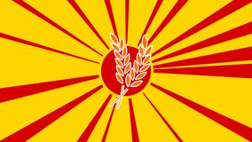 Wheat symbol on the background of animation from moving rays of the sun. Large orange symbol increases slightly. Seamless looped 4k animation on yellow background