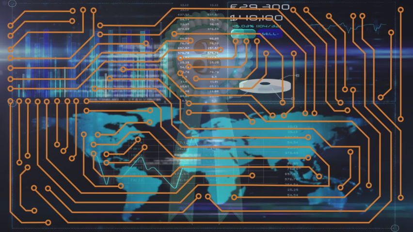 Animation of clock over integrated circuit and world map on black background. Global finance, economy and data processing concept digitally generated video. - Powered by Shutterstock - Get 15% off with code: PIKWIZARD15