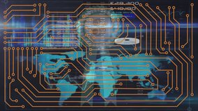 Animation of clock over integrated circuit and world map on black background. Global finance, economy and data processing concept digitally generated video. - Powered by Shutterstock - Get 15% off with code: PIKWIZARD15