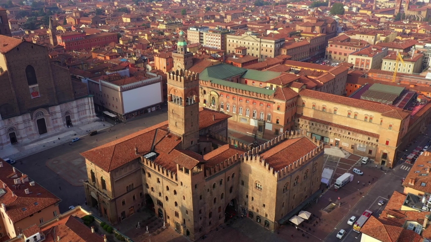 Palazzo del Podesta Bologna city center, aerial view, Italy