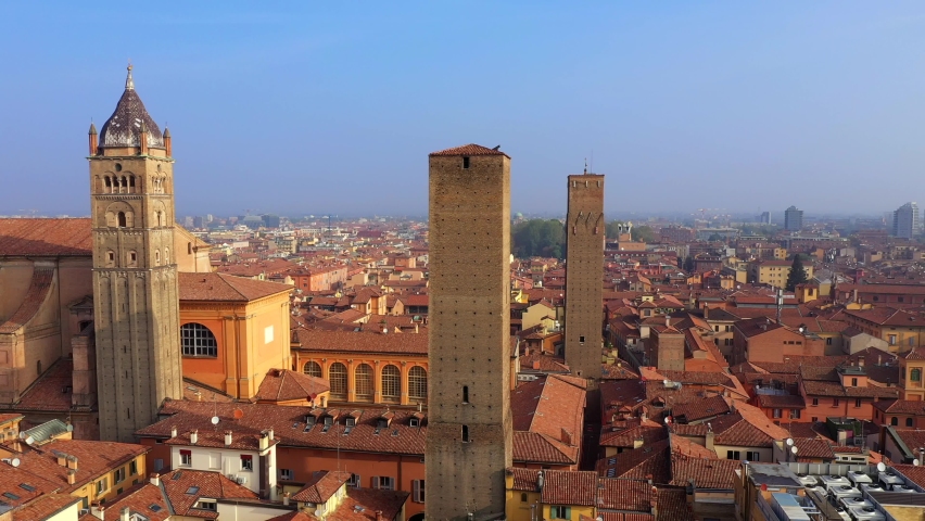Flight over three towers, center of Bologna, Italy Royalty-Free Stock Footage #1092555119