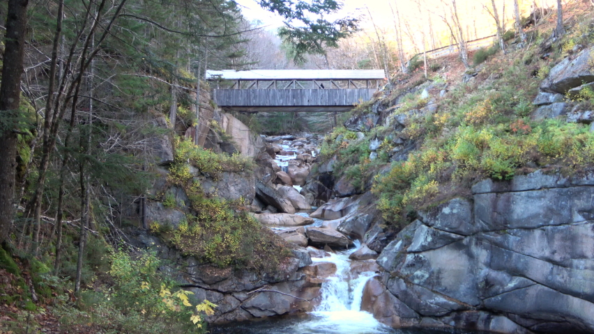 Flume Covered Bridge over the Pemigewasset River in the Flume Gorge Park, New Hampshire