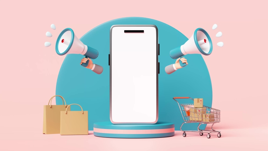 mobile phone, smartphone with blue stage podium, cart, goods cardboard box, shopping paper bag, megaphone, hand speaker isolated on pink. online shopping sale concept, 3d animation Royalty-Free Stock Footage #1092562757