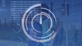Animation of clock moving and statistics over school children crossing street. Global data processing and education concept digitally generated video. - Powered by Shutterstock - Get 15% off with code: PIKWIZARD15