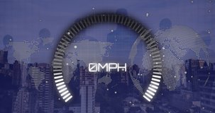 Animation of speedometer over world map, globe, peoples silhouette and cityscape. Global energy, transport, cars and technology concept digitally generated video.