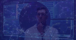 Animation of digital interface and globe over caucasian doctor. Global medicine, technology, data processing and digital interface concept digitally generated video.