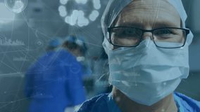 Animation of digital interface over surgeon in operating theatre. global medicine, technology, data processing and digital interface concept digitally generated video.