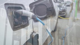 Animation of data processing over ev charging station. ev charging station for electric car, green energy, eco power, sustainability and co2 reduction. - Powered by Shutterstock - Get 15% off with code: PIKWIZARD15