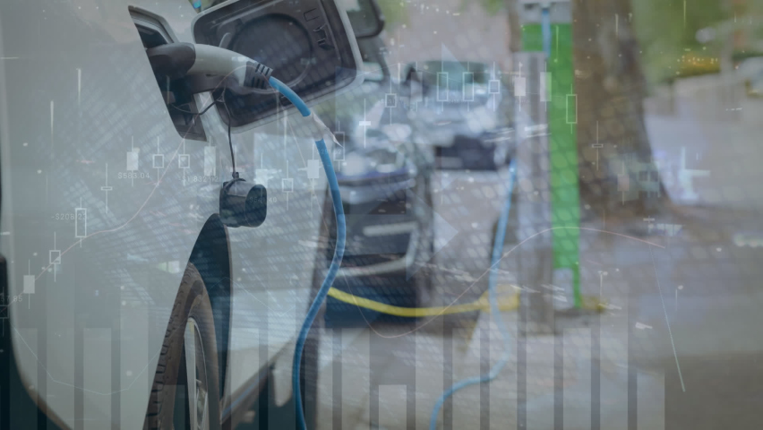Animation of data processing over ev charging station. Ev charging station for electric car, green energy, eco power, sustainability and co2 reduction. - Powered by Shutterstock - Get 15% off with code: PIKWIZARD15