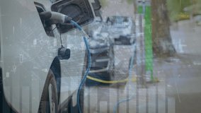 Animation of data processing over ev charging station. Ev charging station for electric car, green energy, eco power, sustainability and co2 reduction. - Powered by Shutterstock - Get 15% off with code: PIKWIZARD15