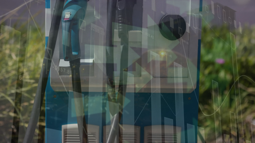 Animation of data processing over ev charging station. Ev charging station for electric car, green energy, eco power, sustainability and co2 reduction. - Powered by Shutterstock - Get 15% off with code: PIKWIZARD15