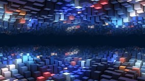 Glow animated background. Randomly moving puzzle, mosaic. 3d rendering. Musical wave surface rectangles with light. Fire and ice. Stalactite. Screensaver for games, presentations, business, intro. 4k