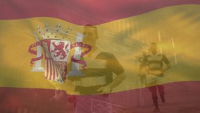 Animation of waving spain flag over rugby players. Global sports, digital interface and data processing concept digitally generated video. - Powered by Shutterstock - Get 15% off with code: PIKWIZARD15