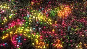 Rainbow animated scoreboard. Randomly moving pistons. Neon 3d rectangles. Musical wave. Mechanical blocks. Puzzle, mosaic background. Screensaver for games, presentations, business, intro. 4k