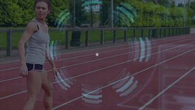 Animation of data on digital screen over caucasian women running at stadium. Sport, training, active lifestyle and technology concept digitally generated video.