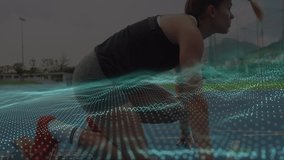 Animation of circle on digital screen over caucasian woman preparing for run at stadium. Sport, training, active lifestyle and technology concept digitally generated video.
