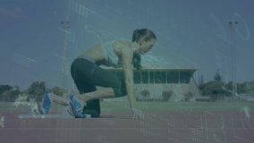 Animation of circle on digital screen over caucasian woman preparing for run at stadium. Sport, training, active lifestyle and technology concept digitally generated video.