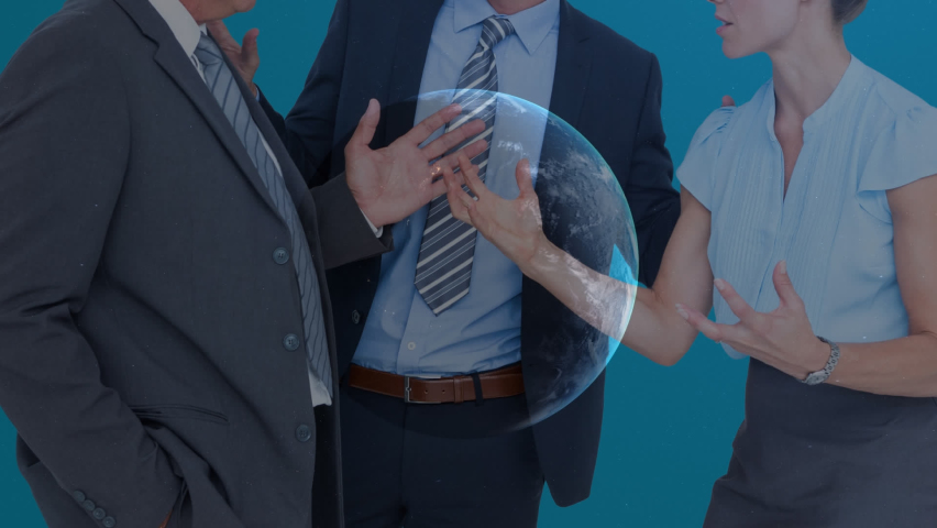 Animation of financial data processing over diverse group of bussines people. Global science, connections, data processing and digital interface concept digitally generated video.