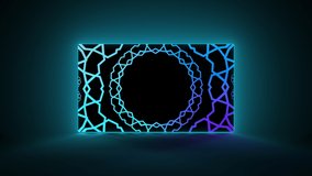 Animated Decorated Oriental Ornaments Pattern Backdrop Template. Ramadan and Happy Eid Islamic Holidays Banner Template Neon Gradient with Oriental or Islamic Geometric Ornaments Animation Background