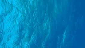 VERTICAL VIDEO: Underwater shot, surface of blue water with sun rays. Natural background with sun glints on surface of blue water. Texture of blue water surface of sea reflection of sun's rays