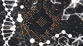 Animation of dna strand and chemical formula over computer circuit board on black background. Global technology, computing and digital interface concept digitally generated video. - Powered by Shutterstock - Get 15% off with code: PIKWIZARD15