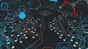 Animation of chemical formula over computer circuit board on black background. Global technology, computing and digital interface concept digitally generated video. - Powered by Shutterstock - Get 15% off with code: PIKWIZARD15