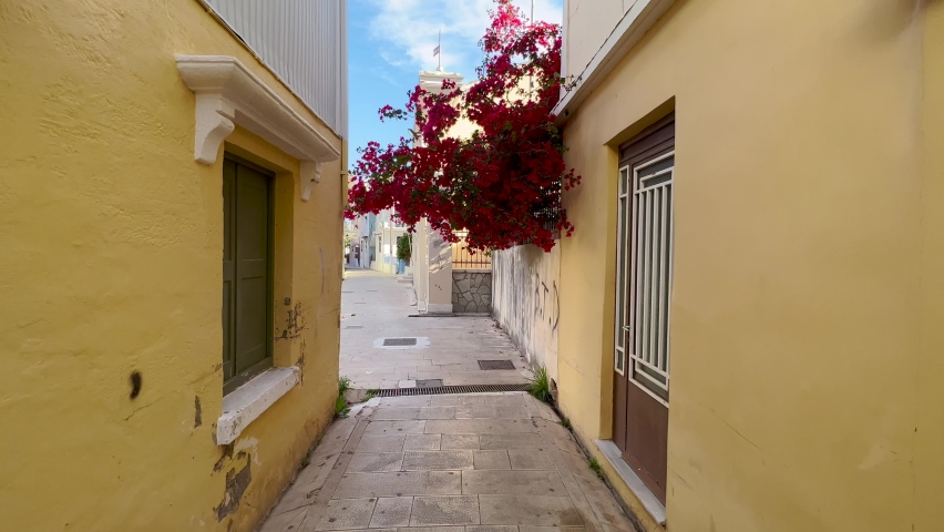 Beautiful and narrow street covered with exotic red flowers in Lefkada, Greece. Beautiful and neat street adorned with flowers and green trees. Tourist location on the city streets. Go Everywhere