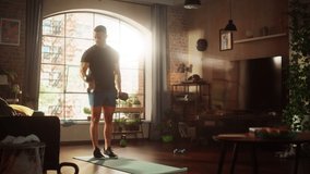 Portrait of Strong Athletic Asian Man Does Workout at Home, Training with Dumbbells. Fit Muscular Sportsman Staying Healthy, Training at Home. Sweat, Determination of a Handsome Man. Wide - Powered by Shutterstock - Get 15% off with code: PIKWIZARD15