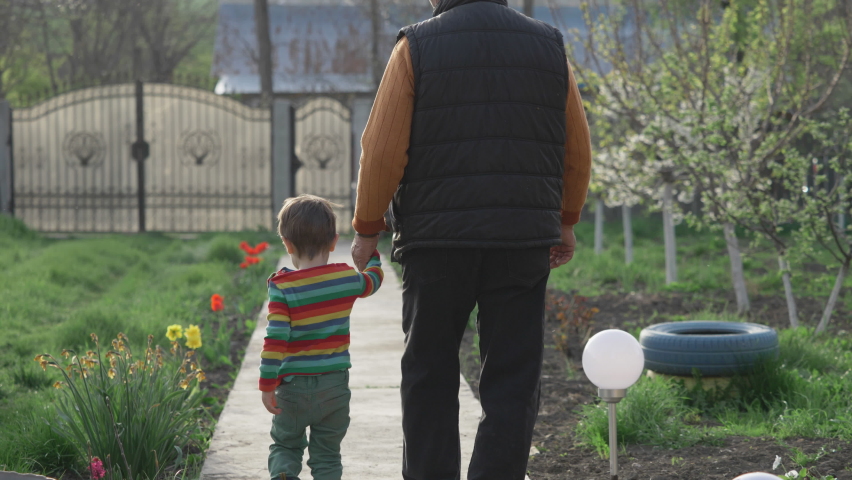 Elderly man holding hand of grandson walking on garden alley