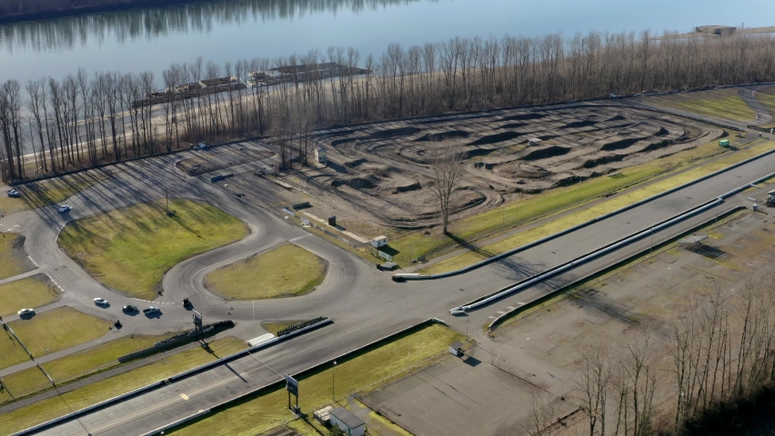 Aerial View Of Mission Raceway Park With Racecars Driving And Drifting. Car Racing Track In Mission, BC, Canada.